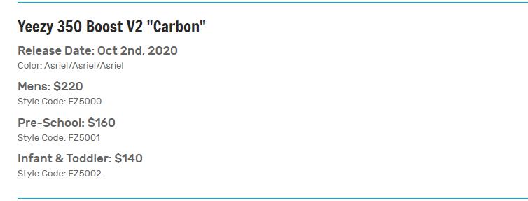 Yeezy Boost 350 V2 Carbon Size Chart